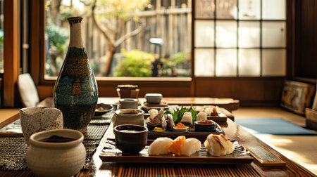 Experience the beauty of a traditional tatami room featuring a delightful sushi meal. Enjoy serene surroundings, meticulous presentation, and cultural richness.の素材