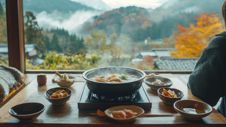 Enjoy a cozy travel experience featuring a delicious Shabu Shabu meal with stunning mountain views. Perfect for food lovers seeking cultural immersion.の素材