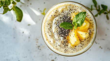 A delightful tropical smoothie served in a clear cup, topped with pineapple and mint leaves. Perfect for a refreshing snack or breakfast option. Enjoy the healthy goodness!の素材
