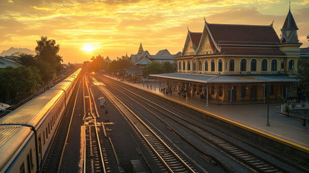 A breathtaking sunset illuminates the Vientiane Train Station in Laos. The tranquil scene captures the beauty of the railway and surrounding architecture, perfect for travel enthusiasts.の素材