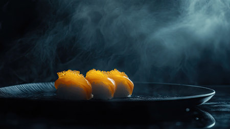 Discover an elegant plating of uni nigiri sushi, beautifully presented on a black plate. The dish features vibrant colors and smoke, perfect for gourmet lovers.の素材