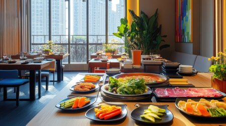 A vibrant table spread featuring traditional dishes with fresh vegetables, creating a warm dining atmosphere. Perfect for family gatherings and cultural meals.の素材