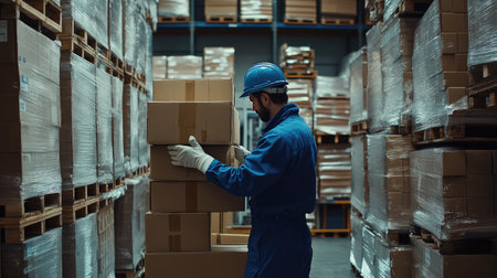 A warehouse worker lifts boxes in a storage area, showcasing the importance of manual labor in logistics. The scene highlights safety gear and efficient organization.の素材