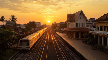 A serene sunset view at Vientiane Train Station, showcasing train tracks stretching into the distance. The warm colors create a peaceful atmosphere, perfect for travel photography.の素材