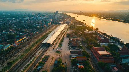Captivating aerial view of Vientiane Railway Station during sunset, showcasing the vibrant city landscape alongside the tranquil river. Perfect for travel enthusiasts.の素材