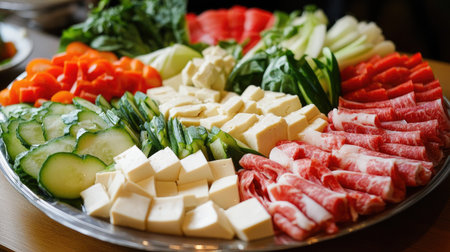 A vibrant platter featuring thinly sliced beef, fresh vegetables, and colorful ingredients, perfect for sharing in a dining experience. Ideal for gatherings.の素材