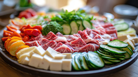 A vibrant platter showcasing thinly sliced beef surrounded by fresh vegetables, perfect for gourmet dining or festive gatherings. Enjoy the colorful display!の素材
