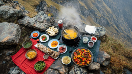 An overhead view of a colorful Shabu Shabu meal outdoors, showcasing fresh ingredients and a steaming pot, perfect for a nature dining experience.の素材