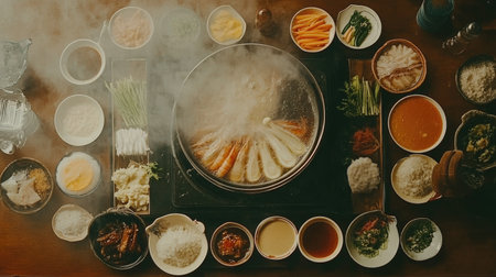 This overhead view showcases a beautifully set dining table filled with an array of fresh ingredients and dishes, perfect for a flavorful culinary experience.の素材