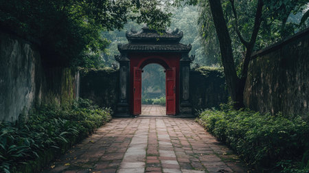 Discover the serene beauty of the Temple of Literature in Hanoi, featuring a vibrant red entrance surrounded by lush greenery and tranquil pathways.の素材
