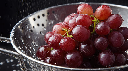 A bunch of freshly washed red grapes in a colander, water droplets glistening on their surface.の素材