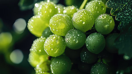 A bunch of green grapes covered with morning dew, glistening under the sunlight.の素材