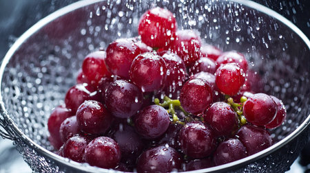 A bunch of freshly washed red grapes in a colander, water droplets glistening on their surface.の素材