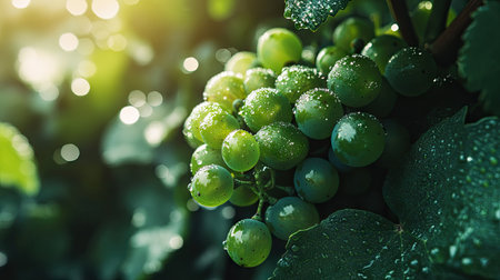 A bunch of green grapes covered with morning dew, glistening under the sunlight.の素材