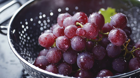 A bunch of freshly washed red grapes in a colander, water droplets glistening on their surface.の素材