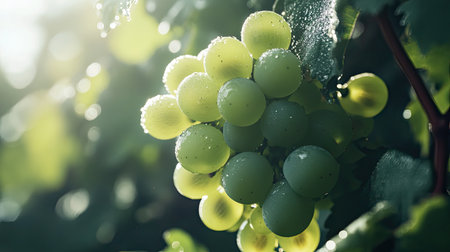 A bunch of green grapes hanging on the vine, glistening with morning dew.の素材