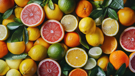 A variety of citrus fruits, including lemons, limes, and grapefruits, arranged in a colorful display.の素材