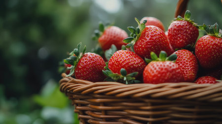 A close-up of freshly picked strawberries in a basket, ready to be enjoyed as a sweet treat.の素材