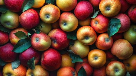 A pile of freshly harvested apples with a mix of colors, ready to be enjoyed as a healthy snack.の素材