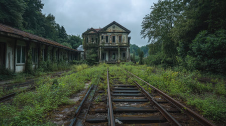 Abandoned railway station with overgrown tracks and crumbling buildings, a relic of a bygone era.の素材