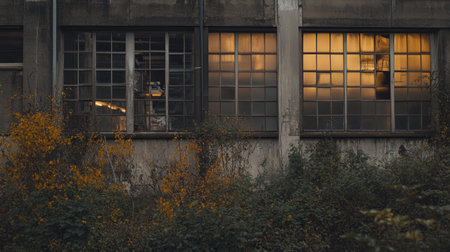 Abandoned industrial building with broken windows and overgrown plants, a relic of the past.の素材