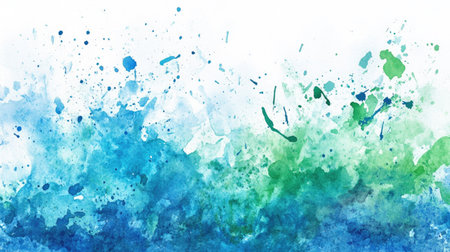 Abstract watercolor splashes in shades of blue and green, creating a refreshing and vibrant background.の素材