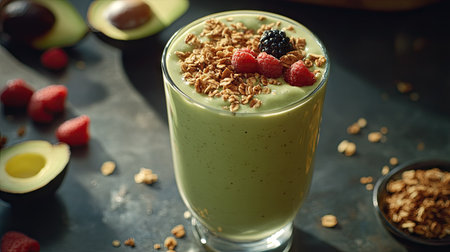 A vibrant avocado smoothie topped with granola and fresh berries, perfect for a nutritious breakfast or a refreshing snack. Enjoy the creamy texture and rich flavors.の素材