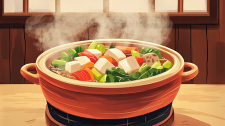 This vibrant Japanese style hotpot features an assortment of fresh ingredients steaming in a cozy setting, perfect for a comforting meal shared with loved ones.の素材