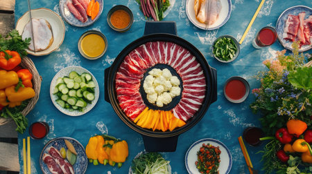 A vibrant traditional table spread featuring fresh ingredients and meats perfect for a communal dining experience. Ideal for food lovers and culinary enthusiasts.の素材