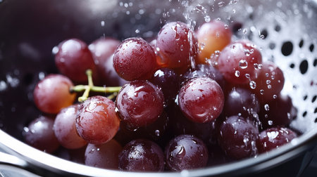 A bunch of freshly washed red grapes in a colander, water droplets glistening on their surface.の素材