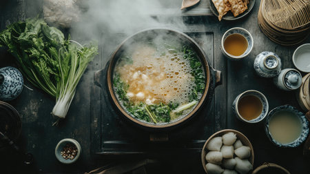 Experience the warmth of traditional Japanese Shabu Shabu with fresh ingredients in a steaming pot. A perfect blend of flavors and cultures awaits.の素材