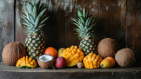 Assorted tropical fruits, including pineapples, mangoes, and coconuts, displayed on a rustic wooden table.の素材