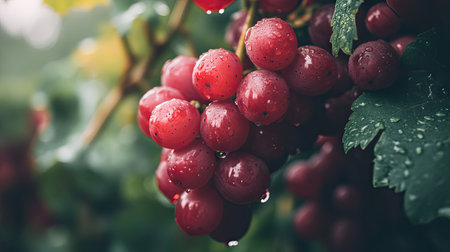 A cluster of red grapes with droplets of water, hanging from the vine, ready to be picked.の素材