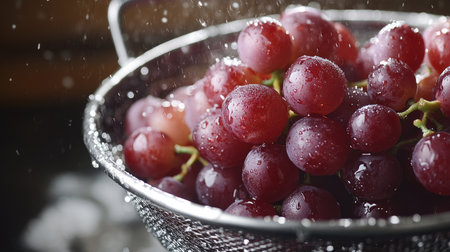 A bunch of freshly washed red grapes in a colander, water droplets glistening on their surface.の素材