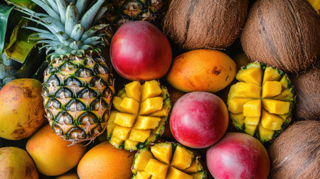 A variety of tropical fruits, including pineapple, mango, and coconut, arranged in a colorful display.の素材