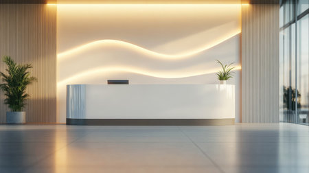 Empty reception desk with a stylish logo in the background. Ideal for corporate identity and branding imagery. -の素材