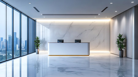 Empty office lobby with a modern reception desk, symbolizing a welcoming business environment.の素材