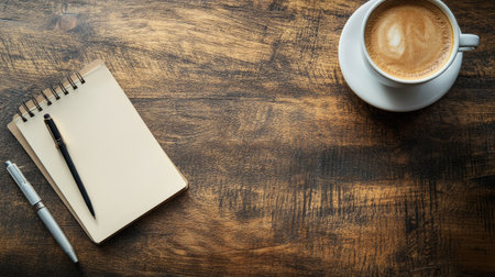 Empty workspace with a cup of coffee, a notepad, and a pen, ready for a productive day of business. -の素材