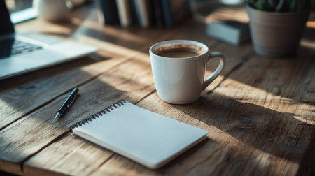 Empty workspace with a cup of coffee, a notepad, and a pen, ready for a productive day of business.の素材