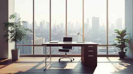 Empty office with a desk, chair, and large window, capturing the calm and focused atmosphere of a modern business setting.の素材