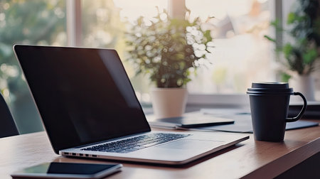 Empty workspace with a laptop, coffee cup, and smartphone, symbolizing the tools of modern business.の素材