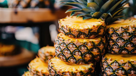 Freshly cut pineapple rings stacked on top of each other, revealing their juicy and sweet interior.の素材