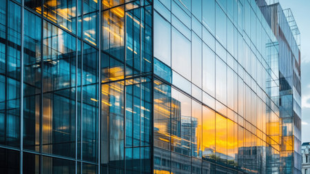 Exterior of a contemporary office tower with mirrored glass reflecting the surrounding cityscape. -の素材