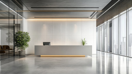 Empty office lobby with a modern reception desk, symbolizing a welcoming business environment.の素材