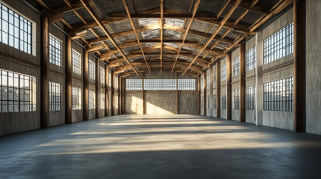 Empty warehouse interior with exposed beams and large open spaces, ready for new development.の素材