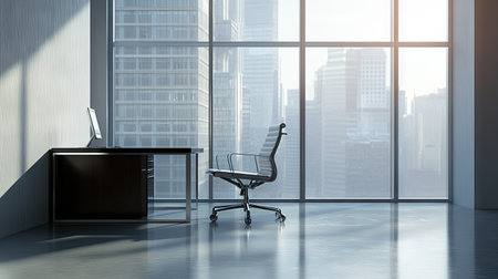 Empty office with a desk, chair, and large window, capturing the calm and focused atmosphere of a modern business setting.の素材