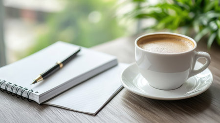 Empty workspace with a cup of coffee, a notepad, and a pen, ready for a productive day of businessの素材