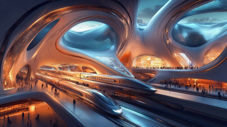 Futuristic transportation hub with cutting-edge design and high-speed trains.の素材