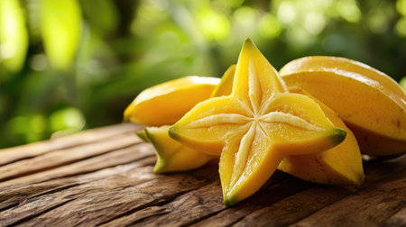 Freshly sliced starfruit, showing its unique star-shaped cross-section, on a tropical background.の素材