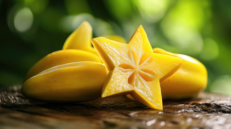 Freshly sliced starfruit, showing its unique star-shaped cross-section, on a tropical background.の素材
